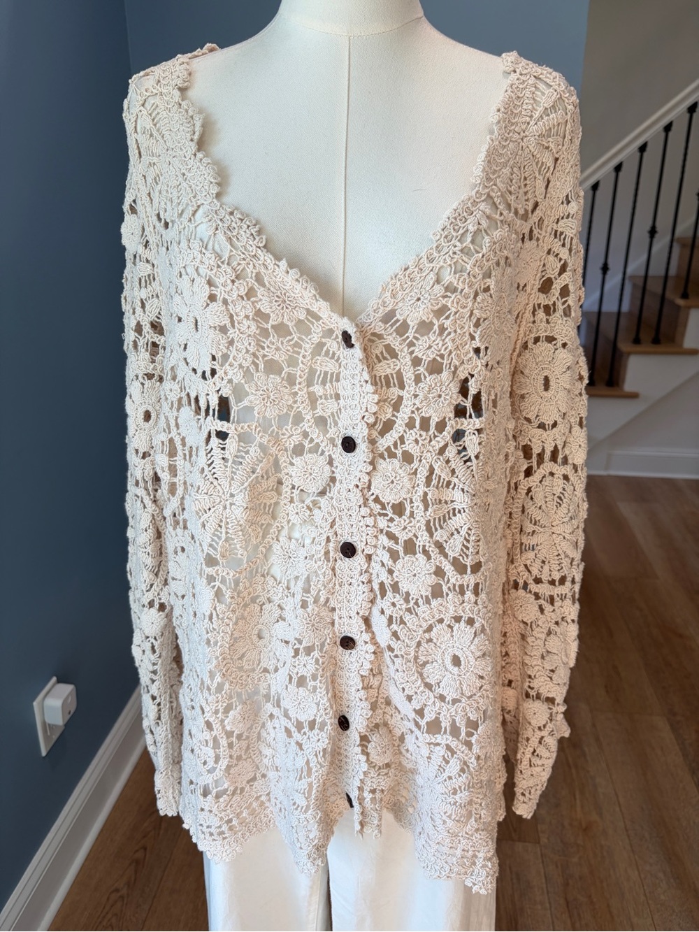 FESTI Cream Crochet Floral Cardigan Boho Open Knit Button Front